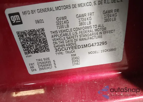 2021 Chevrolet Silverado 1500 4Wd Short Bed Rst из США, поврежденный, VIN 3GCUYEED1MG473295